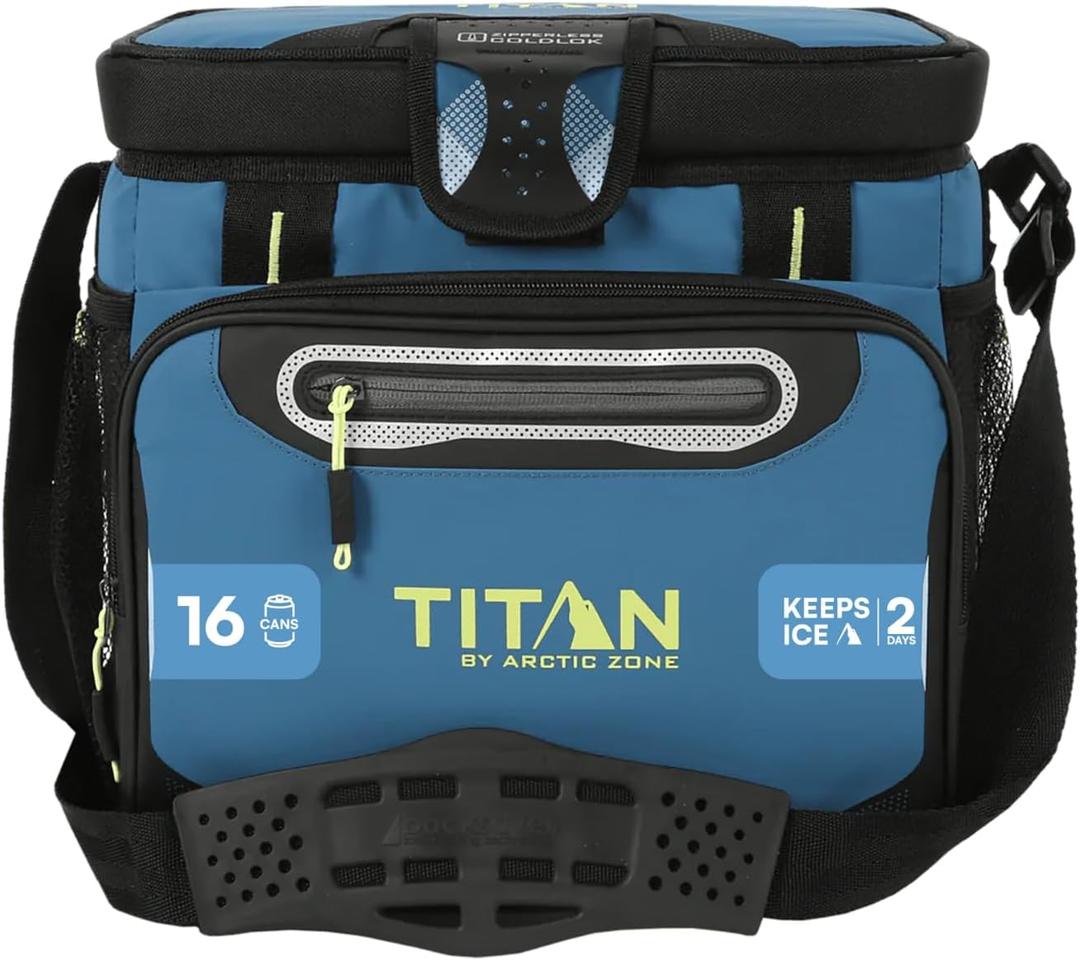 Titan Zipperless HardBody Cooler, Keeps Ice 2 Days
Durable soft cooler with easy access lid, leak proof hard liner with shelf, Backsaver shoulder strap, for lunch and day trips, 16 Can