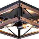 MAYNA 2-Light Industrial Ceiling Light Fixtures, Farmhouse Flush Mount Ceiling Light, Metal and Wood Square Dining Room Light Fixture for Hallway Bedroom Balcony Farmhouse,Black