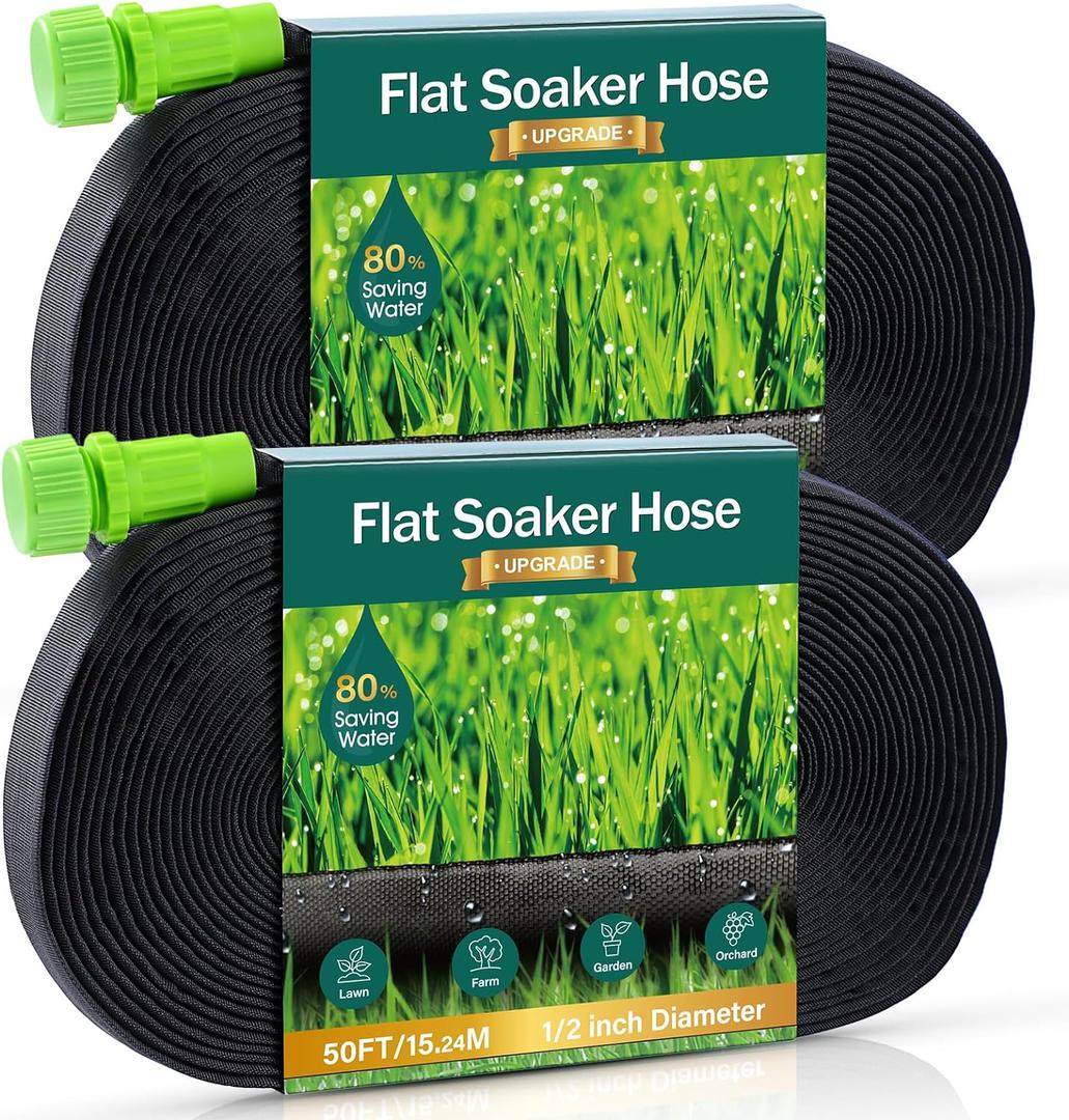 Soaker Hose - Flat Soaker Hose 100 FT for Garden Beds, 2 x 50 FT Garden Soaker Hoses with Heavy Duty, Double Layer Sprinkler Soaker Hoses