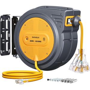 SURAIELEC 12 Gauge Extension Cord Reel, 60 FT Retractable Extension Cord, 12 AWG/3C SJTOW Heavy Duty Power Cord, 13 AMP Circuit Breaker, Lighted Triple Tap, Ceiling or Wall Mount, ETL Listed (Yellow)