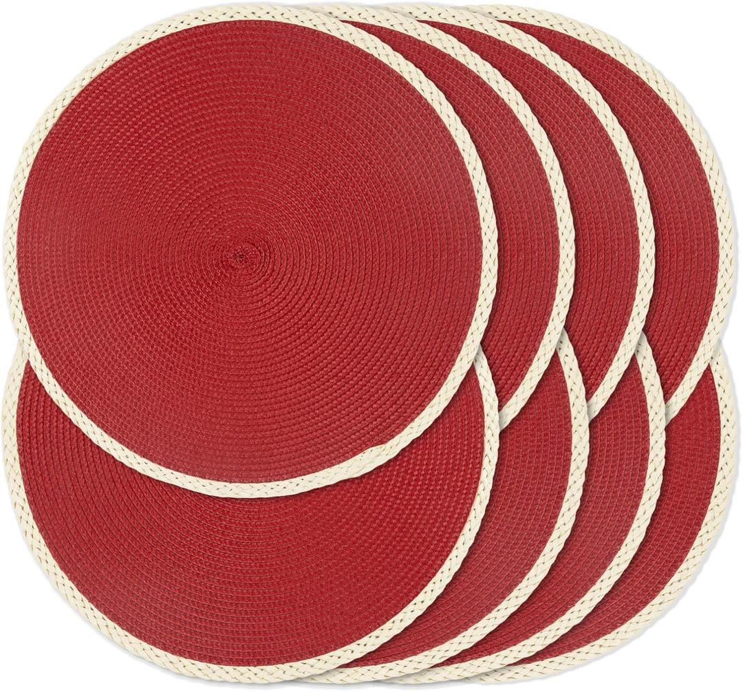 Noctiflorous Round Placemats Set of 8, 15 Inch Braided Hand Woven Table Mats, Heat Resistant Non-Slip Wipeable Thin Edge Place Mats for Kitchen Dining Indoor Outdoor Use(Red, 8)