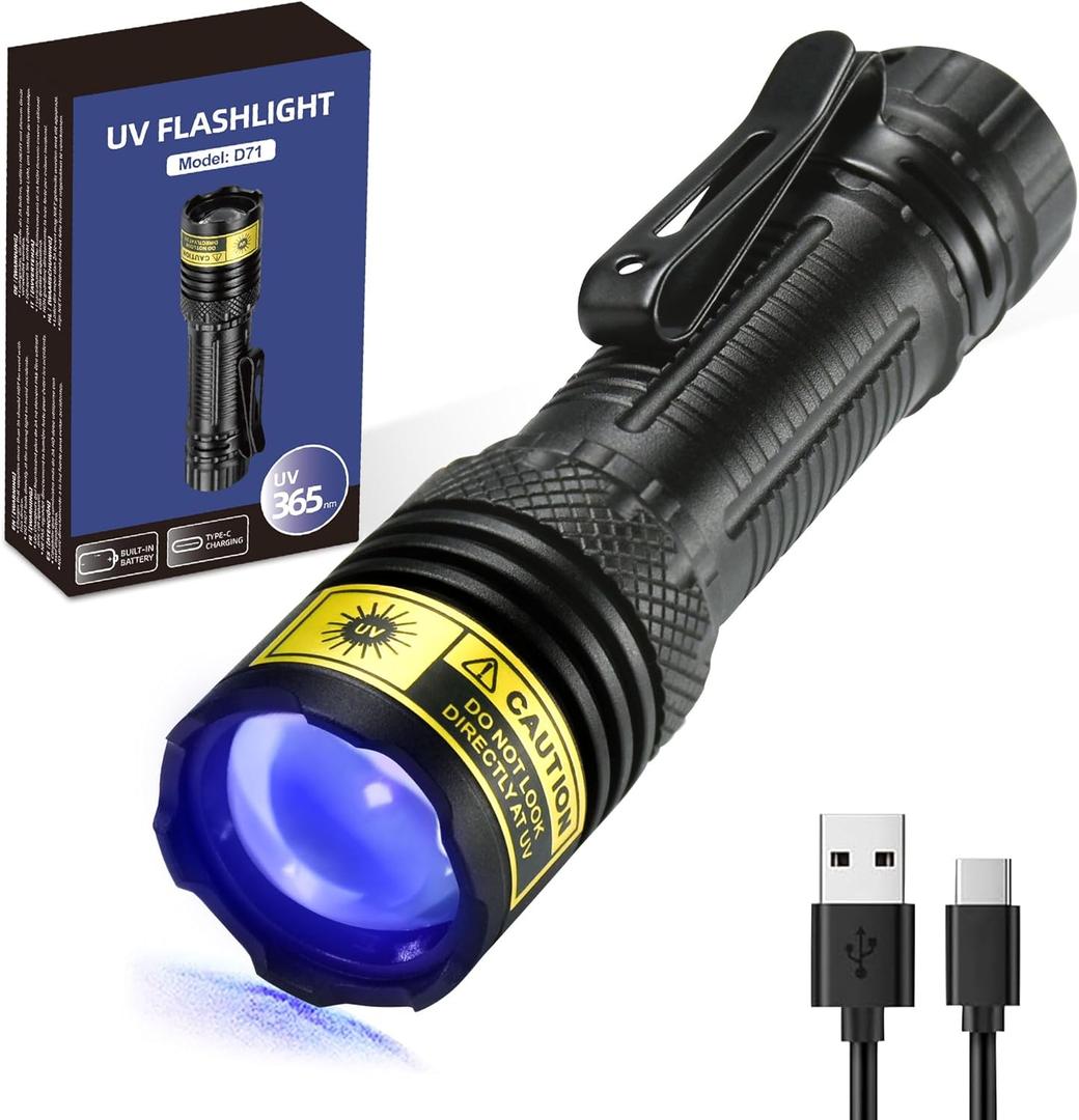 DARKDAWN UV Flashlight 365nm Black LightMini & Powerful USB- C Flashlights LED Rechargeable Woods Lamp Portable Adjustable Focus Blacklight Flashlights for Uranium Glass, Money, Pet Urine Stains