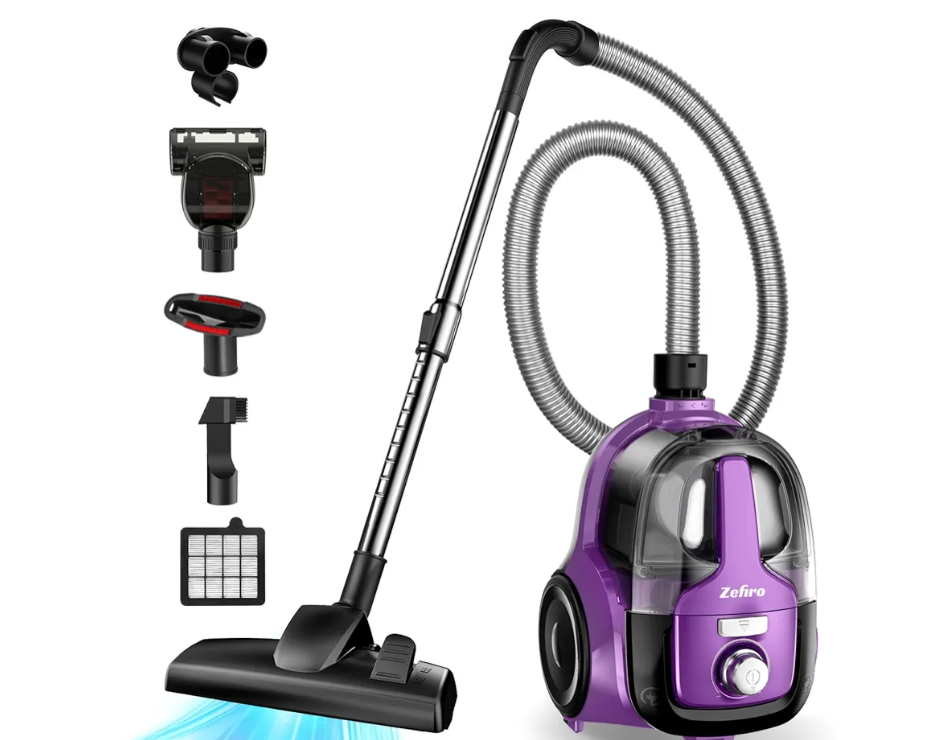 Zefiro Canister Vacuum Cleaner, Bagless Canister Vacuum for Home, Powerful Suction, Auto Cord Rewind, HEPA Filter, Corded Vacuum for Hard Floors, Carpet, Pet Hair, Apartment/Rental Friendly
