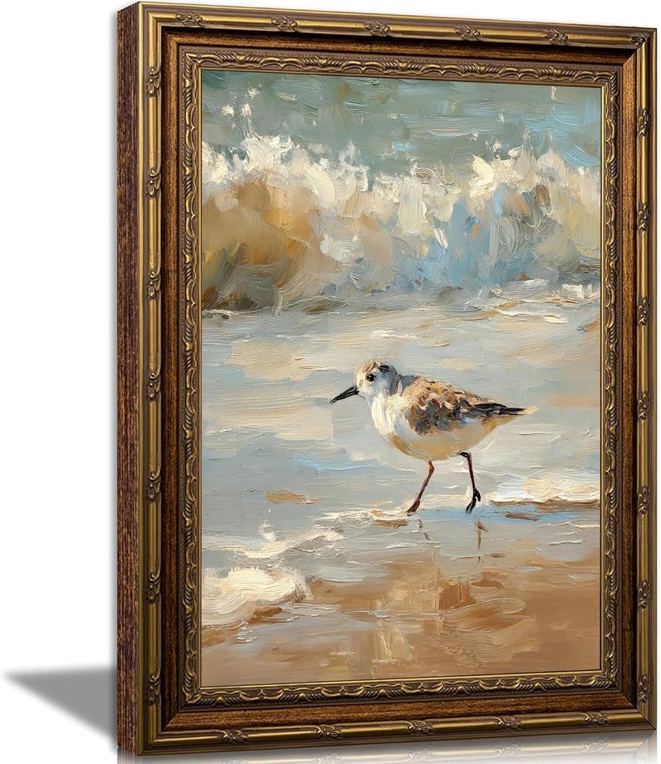 Gold Framed Coastal Wall Art,vintage bird Canvas print 24" L x 16" W | Beach Sandpiper Bird Oil Painting Rustic Animal picture Seaside Ocean Waves Canvas Decor for Beach House,Living Room
