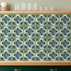 Faccito 24 Pcs Flower Tile Stickers 4x4 Inch Watercolor Retro Rustic Blue Turquoise Floral Peel and Stick Removable Adhesive PVC Tile Stickers Farmhouse Wall Decal for Kitchen Bathroom Backsplash