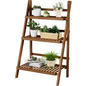 39.4" Bamboo Ladder Shelf Plant Shelf, 3 Tier Foldable Ladder Flower Pot Display Shelf Rack, 23.6"W x 15"D x 39.4"H, Freestanding Bookshelf for Garden, Balcony, Yard, Patio, Lawn, Living Room, Walnut
