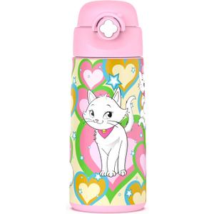 Girls Insulated Water Bottle with Covered Pop-Up Straw,16 oz Kids Cups with Stainless Steel Leak Proof for School Pink（Cat）