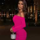 Women's Off Shoulder Bodycon Mini Dress Elegant Long Sleeve Ruched & Ribbed Tight Fit Clubwear for Cocktail Party,Date Night Rose Red,Medium