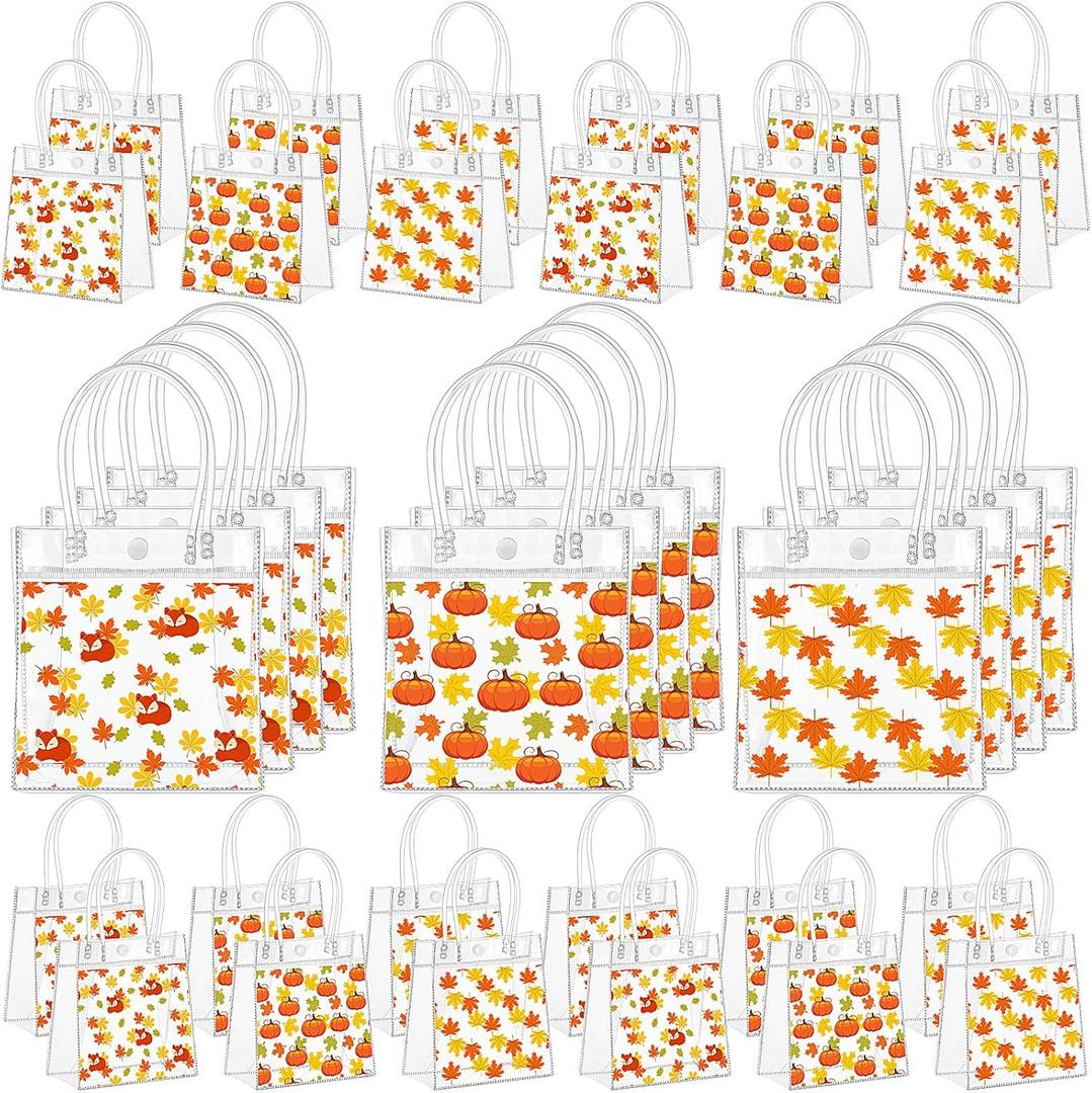Epakh 48 Pcs Thanksgiving Gift Bags Fall Pumpkin Gift Party Favors Bulk Clear PVC Bags with Handles Autumn Goodie Candy Pouch Fall Maple Leaf Pumpkin for Thanksgiving Harvest Holiday (6.3"x5.9"x3.2")