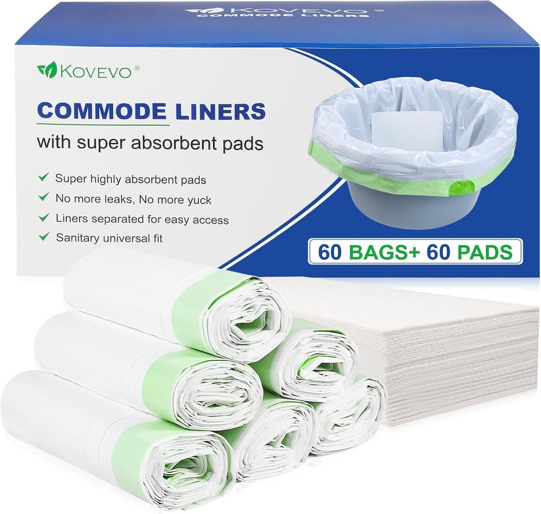 Kovevo 60 Pack Commode Liners with Absorbent Pads, 60 Bedside Commode Liners and 60 Commode Pads, Portable Toilet Liners for Commode Bucket | Universal Fit | Make Cleanup Simple