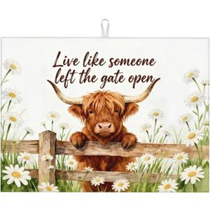 Highland Cow Dish Drying Mat, for Farmhouse Kitchen Counter Microfiber Absorbent, Funny Dish Draining Mat Extra Large 18"x24"