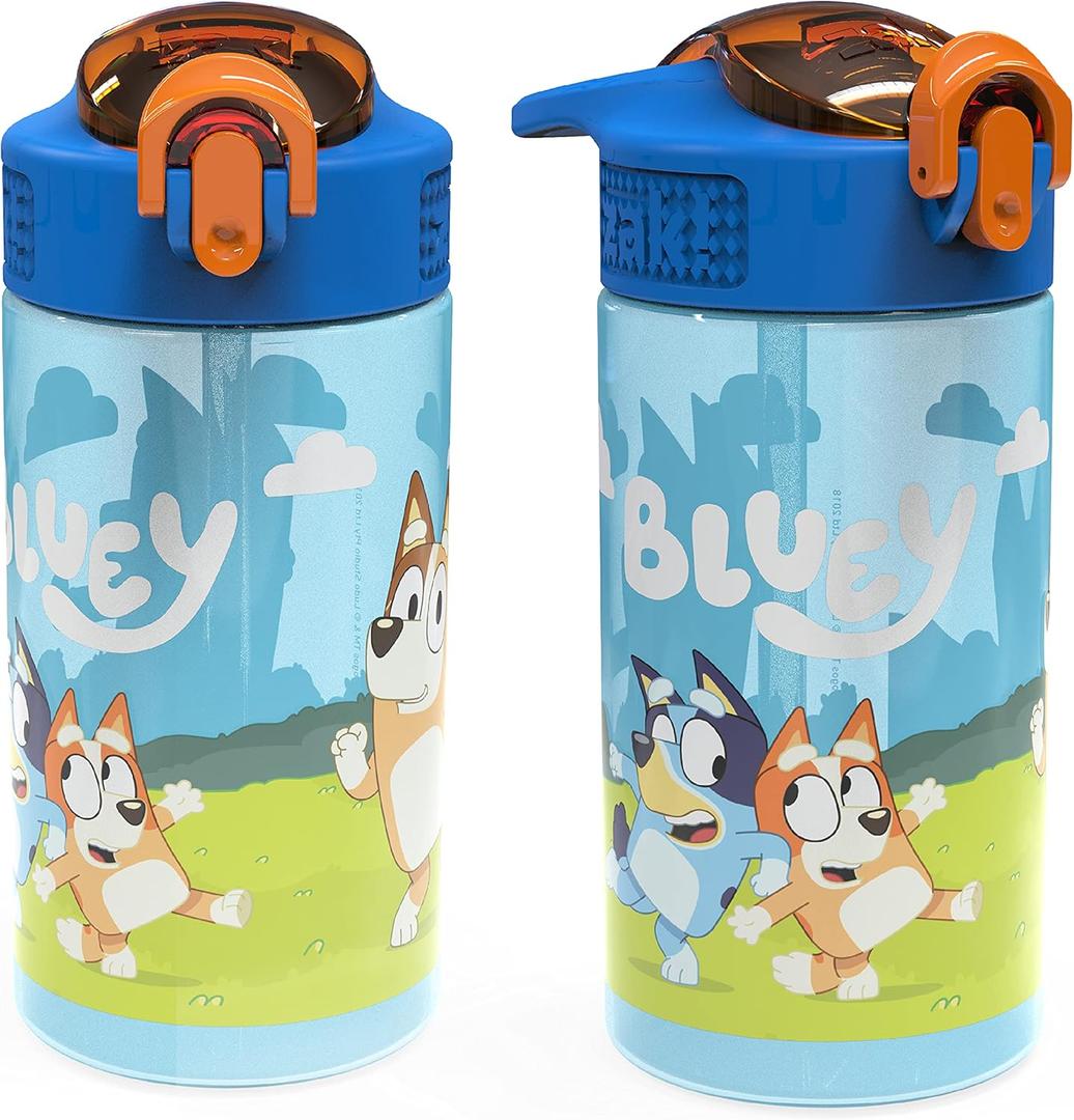 Zak Designs Bluey Kids Water Bottle Durable Plastic Spout Cover and Built-in Carrying Loop, Leak-Proof Water Design for Travel, (16oz, 2pc Set), 2pk