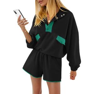 Fisoew Womens 2 Piece Sets Sweatsuits Casual Half Button Color Block Sweatshirts Running Shorts Tracksuits Fall Outfits (Black, L)