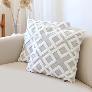 HAMUR Pack of 2 Boho Beige Decorative Throw Pillow Covers, 18x18 inches Soft, Durable Cushion Covers for Sofa, Couch, Living Room, Bedroom Bohemian Style Mila Design, Grey