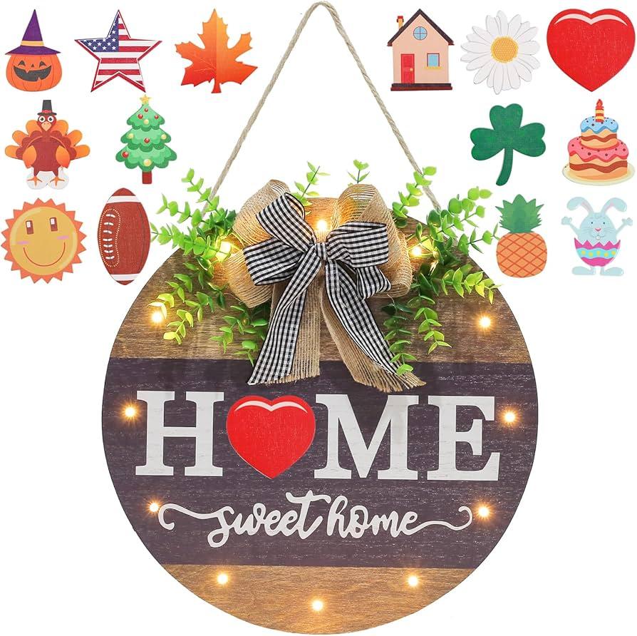 Interchangeable Welcome Sign for Front Door with 4 Seasonal Wreaths and 14 Changeable Icons, Farmhouse Front Door Signs, Door Decoration Porch Decor, Seasonal Wooden Home Sign home décor (Wood)