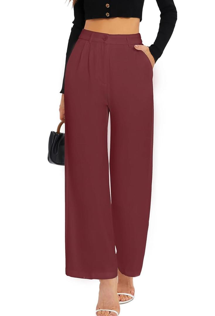 FUNYYZO Wide Leg Pants Women's High Elastic Waisted in The Back Business Work Trousers Long Straight Suit Pants, Wine Red, S