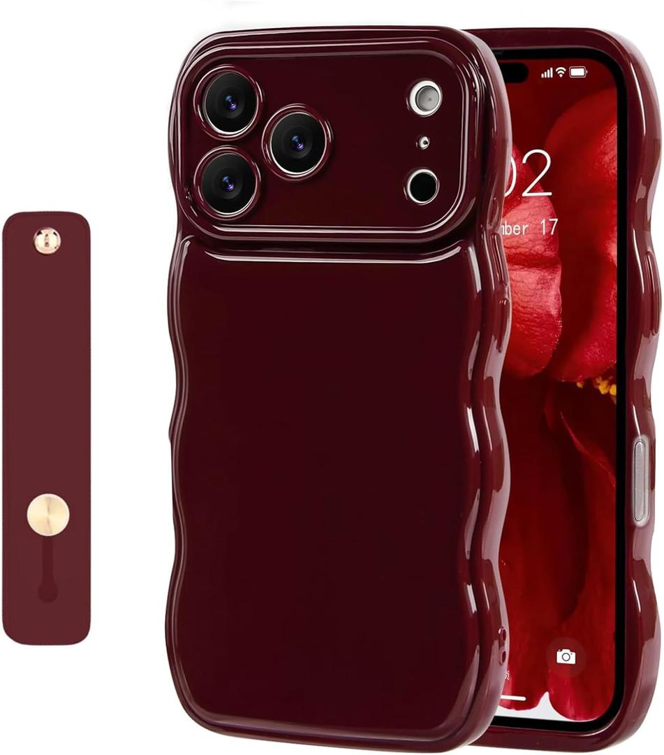 NITITOP Compatible for iPhone 17 Pro Max Case Cute Simple Wave Design Stylish Wavy Curly Frame with Wrist Adjustable Hand Strap Kickstand Grip Holder Soft Silicone Protective Cover - Wine Red