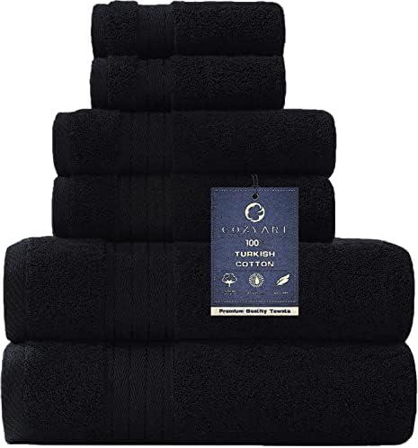 COZYART Black Bathroom Towel Sets 6Pcs 650 GSM 100% Cotton Bath Towel Set for Bathroom Super Absorbent Durable Luxury Set with 2 Bath Towels, 2 Hand Towels, 2 Washclothes