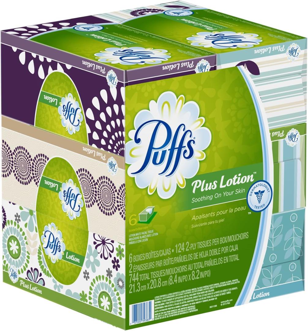 Puffs Plus Lotion Facial Tissues; 6 Family Boxes; 124 Tissues per Box