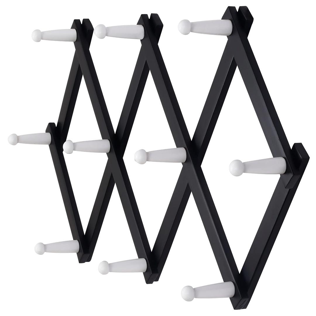 Dseap Expandable Coat Rack (Larger Version) - 24” High, Anti-Slip, Ultra Heavy Duty Wooden Accordian Wall Hanger with 10 Study Peg Hooks for Clothing Hats Jackets Bags, White & Natural