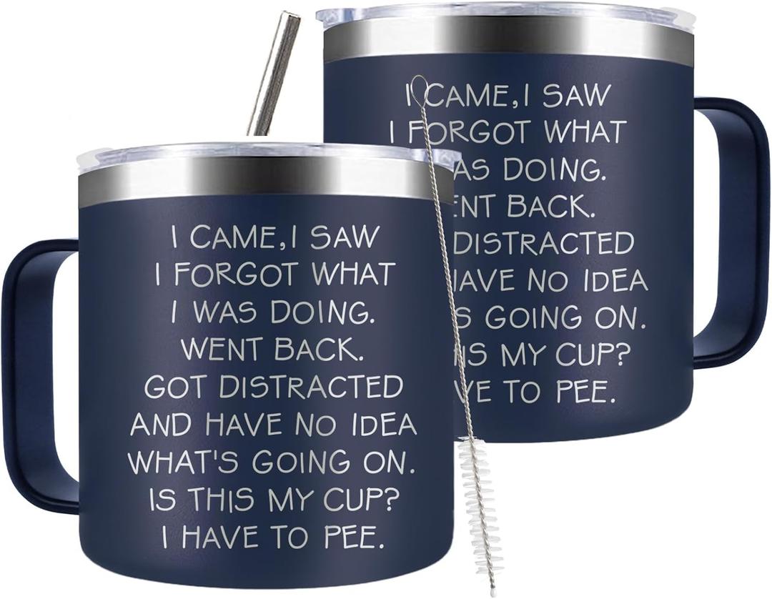Funny Christmas Gifts for Dad Old Men Grandpa, 14 Oz Stainless Steel Tumbler Coffee Mug with Handle I Came I Saw I Forgot Gag Present Fathers Day Christmas Gift Idea, Navy Blue