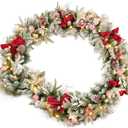9FT Pre-lit Flocked Snow Christmas Garland, Berries and Bows and 50 Lights, Plug in, Holiday Decoration Fireplace Stairs Mantle Door Indoor Outdoor
