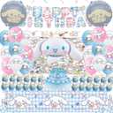 Cinnamoroll Birthday Decorations, 151PCS Party Supplies Set Include Banner, Balloons, Stickers, Hanging Swirls, Cake Cupcake Toppers, Tablecloth for Kids Cinnamoroll Theme Party