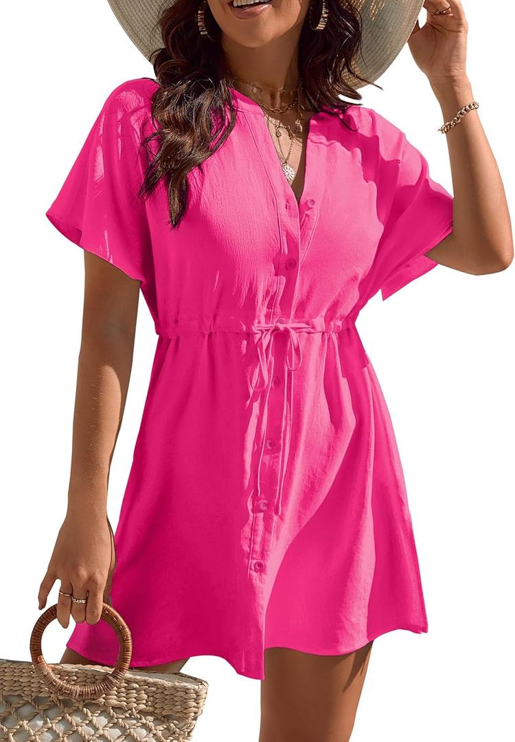 Blooming Jelly Women's Swimsuit Cover Ups Button Down Bathing Suit Coverups Bikini Beach Dress for Swimwear (S, Hot Pink)
