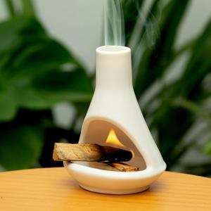 Ceramic Chiminea Palo Santo Holder and Burner - Modern Medieval Incense Candle and Matchstick Mini Chiminea for Wood Sticks and Bulk Incense with Ash Catcher - Zen-Inspired Home Decor Gift (White - Small Palo)