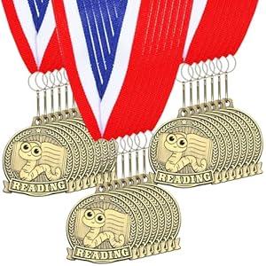 Quelay 30 Pcs 2'' Medals for Awards Winner Bulk with Neck Ribbons Metal Trophy Award Prize Gift for Kids Students Adults School Graduation Participation Competitions(Reading Bookworm)