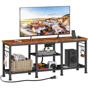 Furologee TV Stand with Power Outlets, Entertainment Center with Open Storage Shelves for TVs up to 55 Inch, Media Console Table with Soundbar Shelf for Living Room, Bedroom, Rustic Brown