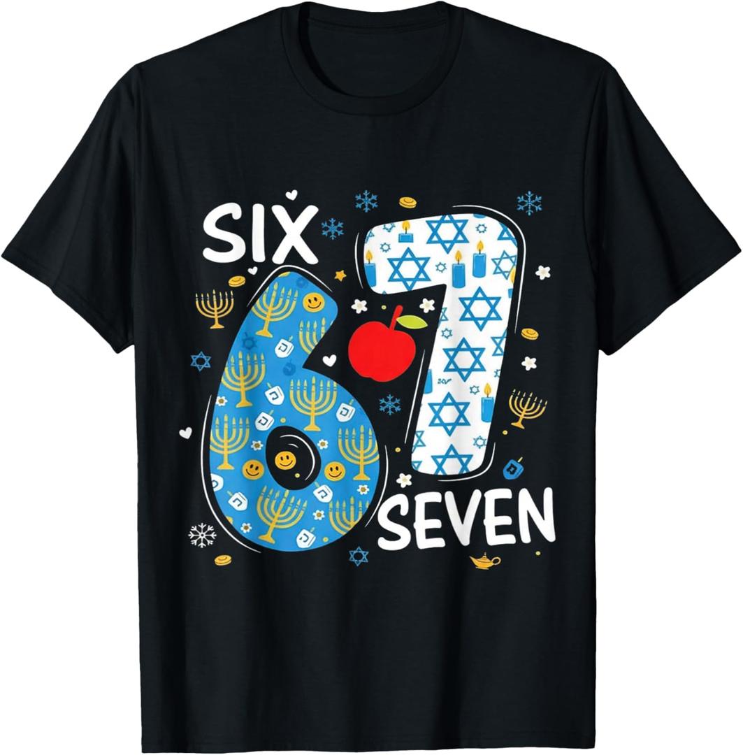 Hanukkah Menorah Dreidel 67 Festive Chanukah Six Seven Meme T-Shirt. 152 11-12
