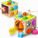 4-in-1 Montessori Toys for 1+ Year Old - Shape Sorting Activity Cube, Hammer Pounding Game, Baby Blocks & Sensory Toys for Toddlers 1-3, Wooden Toy Gift for 1 Year Old Boys and Girls