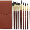 Professional Watercolor Brush Set  10 PCS Synthetic Squirrel Brushes with Leather Case, Short Handles, Round, Liner, Flat, Dagger & Cats Tongue for Water Color, Gouache, Ink & Acrylic