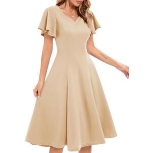 HomRain Wedding Guest Dresses for Women Vintage Short Sleeves Casual Fit and Flare Cocktail Formal Dress for Tea Party (X-Large, Champagne)