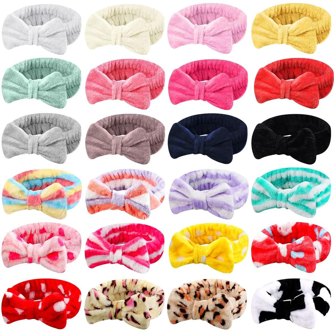 WILLBOND 24 Pieces Spa Headband Bow Hairband Facial Makeup Women Face Wash Adjustable Skincare Headbands Bulk Soft Flannel Towel Head Wraps for Women Shower Washing Face (Stylish)