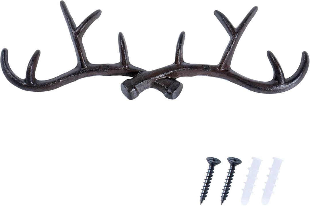 Notakia Vintage Deer Antler Decor Wall Hooks Rustic Cast Coat Hooks Wall Mounted, Vintage Cast Iron Antlers Wall Decor for Hunting Lodge, Cabin, Western Home (Brown Deer Antlers)