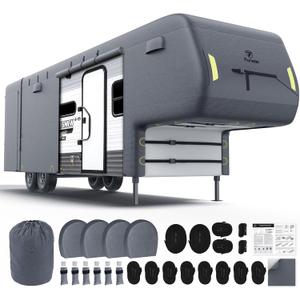 5th Wheel RV Cover 28-31ft, 7 Layer Top Heavy Duty 5th Wheel Cover, Extra-Thick Waterproof Windproof Anti-UV Rip-Stop Camper Cover with 2Pcs Extra Straps, 6 Gutter Covers & 4 Tire Covers