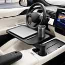 360 Rotating Car Desk Tray for Laptop and Food, Premium Leather Car Table with Built-in Cup Slot, Adjustable Vehicle Desk for Eating, Working, Road Trips, Fits Tesla Model Y/3/S&Most Cars(BLACK)