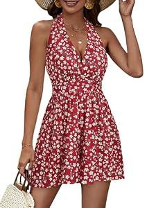 HUHOT Short Resort Wear Plus Size Athletic Rompers Summer Sun Dresses For Women Dressy 2024 Romper Vacation Outfits For Curvy Women Backless Red Floral Womens Short Rompers For Summer Dresses XL