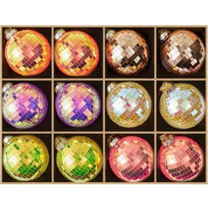 WDS WONDROUS Christmas Disco Ball Ornaments Set of 12  3.14 Colorful Xmas Tree Decorations with Iridescent Laser Effect, Glass Christmas Ornaments for Indoor Party Decor Holiday