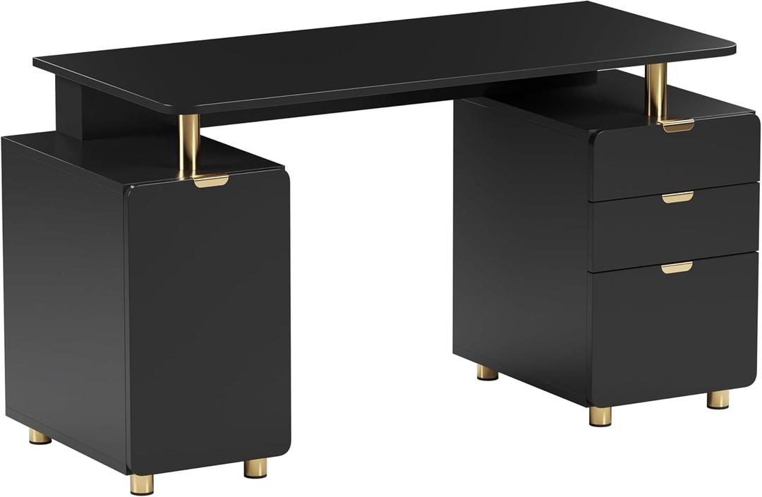 Elegant 56.75" W Executive Desk with 3 Drawers and Storage Cabinet, Modern Office Desk with Gold Accents, Floating Work Surface, Closed Storage with Ventilation & Adjustable Shelf (Black,Gold)