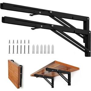 Folding Shelf Brackets - Heavy Duty Metal Collapsible Shelf Bracket for Bench Table, Shelf Hinge Wall Mounted Space Saving DIY Bracket, Max Load: 150 lb (24 Inch, Black)
