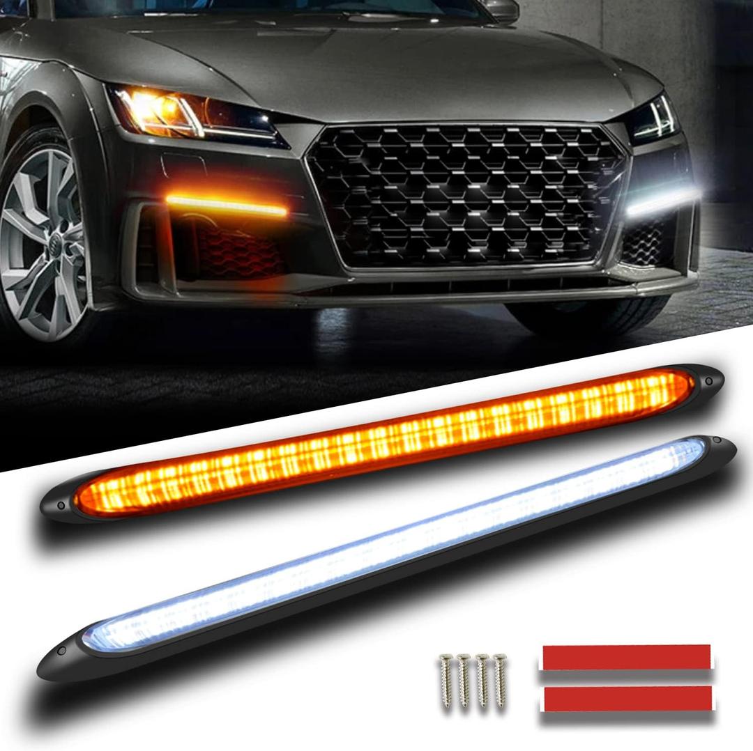 Qasim DRL LED Strip Car Daytime Running Light 9.25in White Automobile Decorative Lights Yellow Streamer Flow Turn Signal Light Tail Light Strip Bar 12V (2Pcs, 23.5cm)