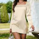 HYPERFIRE Women's Elegant Sqaure Neck Satin Long Sleeve Mini Dress Wedding Cocktail Dresses (Gold)