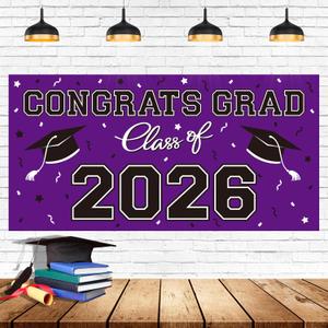 5 x 2026 Graduation Party Plastic Backdrop - 65" x 32.7" Congrats Grad Banner in Purple, Large Class of 2026 Decorations, Photography & Grad Party Supplies