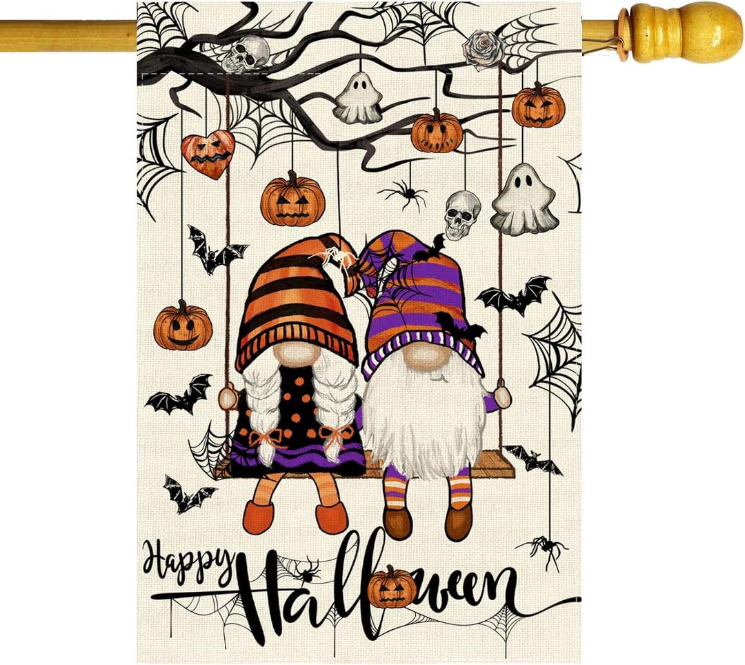 ZAEW Happy Halloween Swing Gnomes Ghosts Pumpkins Bats Spider Web House Flag Large 28X40 Inch Big Vertical Double Sided Yard Outdoor Outside Holiday Decoration