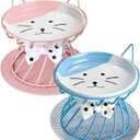 2PCS Ceramic Shallow Cat Food Dishes with Non-Slip Mat, Elevated Cat Food Bowl with Raised Metal Stand, Small Dog Bowl, Whisker Fatigue Pet Food Plate, Dishwasher Safe