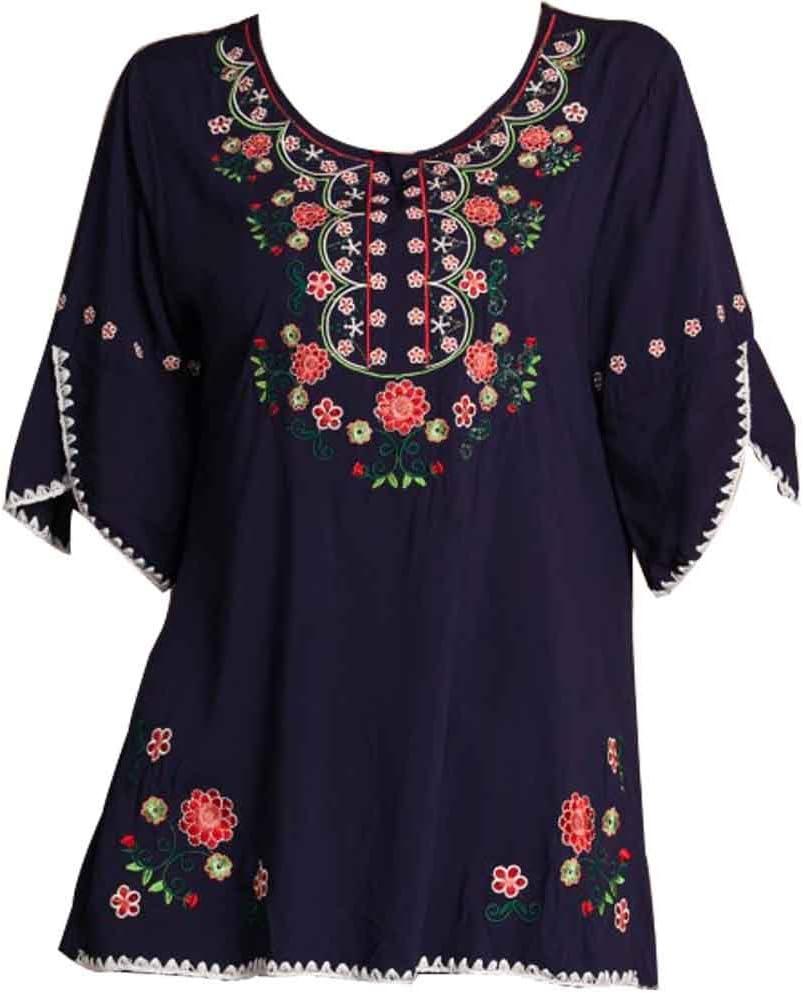 Mexican Shirts Peasant Blouses Cotton Embroidered 3/4 Sleeve Bohemian Tops Boho Clothes for Women Summer Fiesta (Navy Blue)
