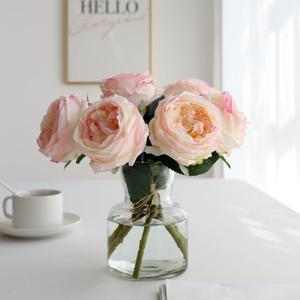 6Pcs Fake Austin Rose Peonies Flowers with Vase, Clear Glass Vase with Pink Real Touch Peonies Artificial Flowers Home Decor(Pink)